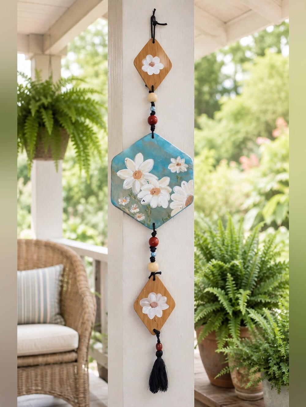 Handcrafted Teal Wildflower Ceramic & Wood Hanging Decor How Great Thou Art
